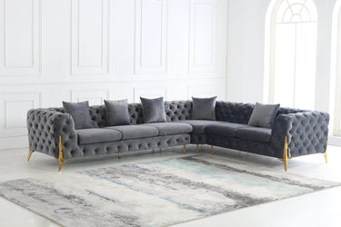 Rocky Chesterfield L-Shaped Corner Sofa Set - Elegant Grey Velvet with Gold Legs - UK Luxury Furniture